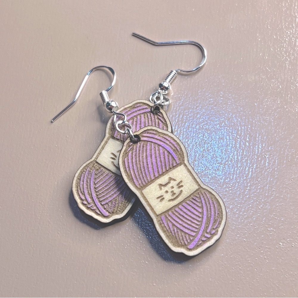 Handcrafted wooden yarn skein drop earrings, lavender kitty cats